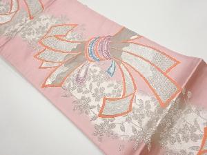 リサイクル　プラチナ箔枝垂れ桜に束ね熨斗模様織出し袋帯